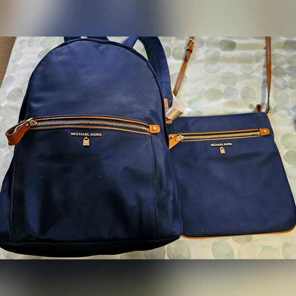 2 for 1 Michael Kors Nylon Backpack and Matching Cross- Body Bag- Navy Blue - Picture 1 of 11